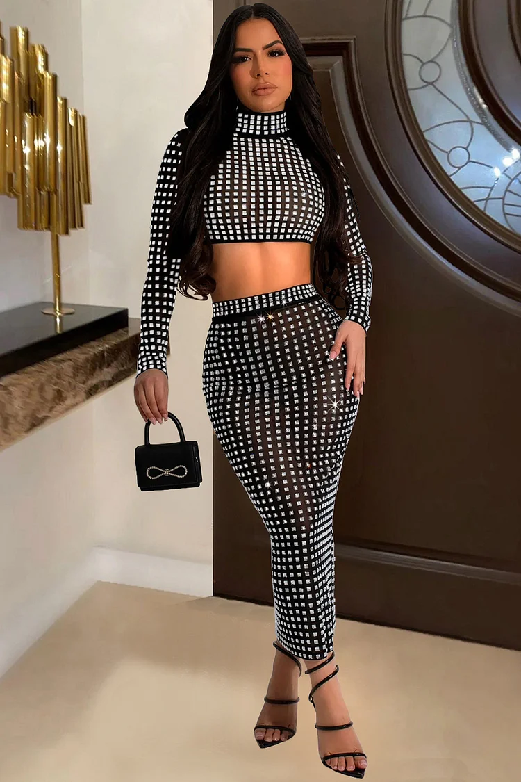 Mesh Rhinestone High Neck Two Piece Skirt Set-Black