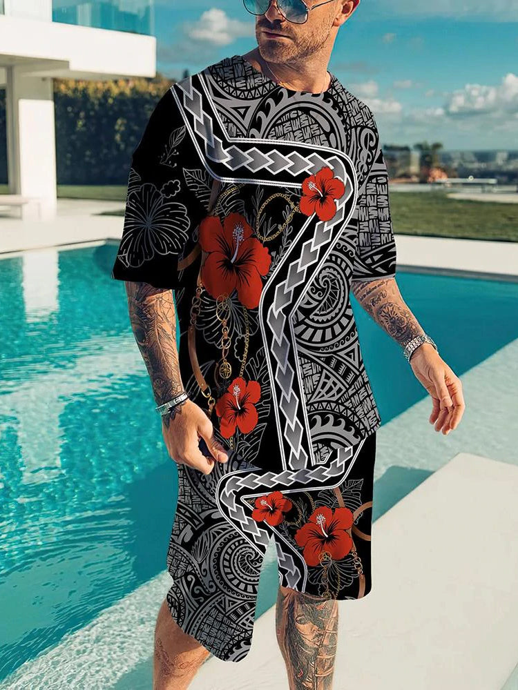 Fashion Men's Floral Print Short Suit