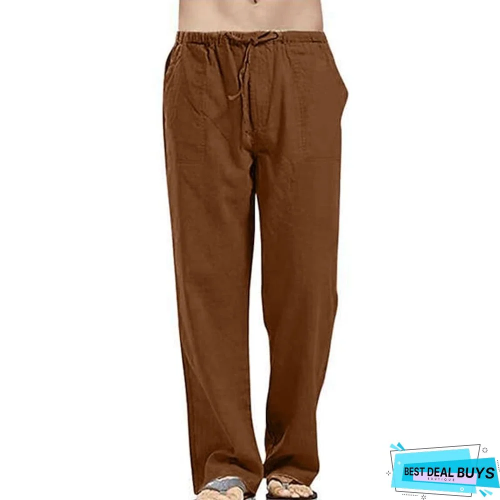 Men's Linen Pants Trousers Summer Pants Beach Pants Wide Leg Plain Breathable Full Length Work Daily Beach Linen / Cotton Blend Fashion Casual Loose Fit Black White