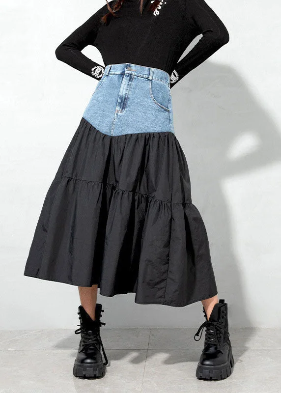 Loose Black denim Patchwork Casual Skirt