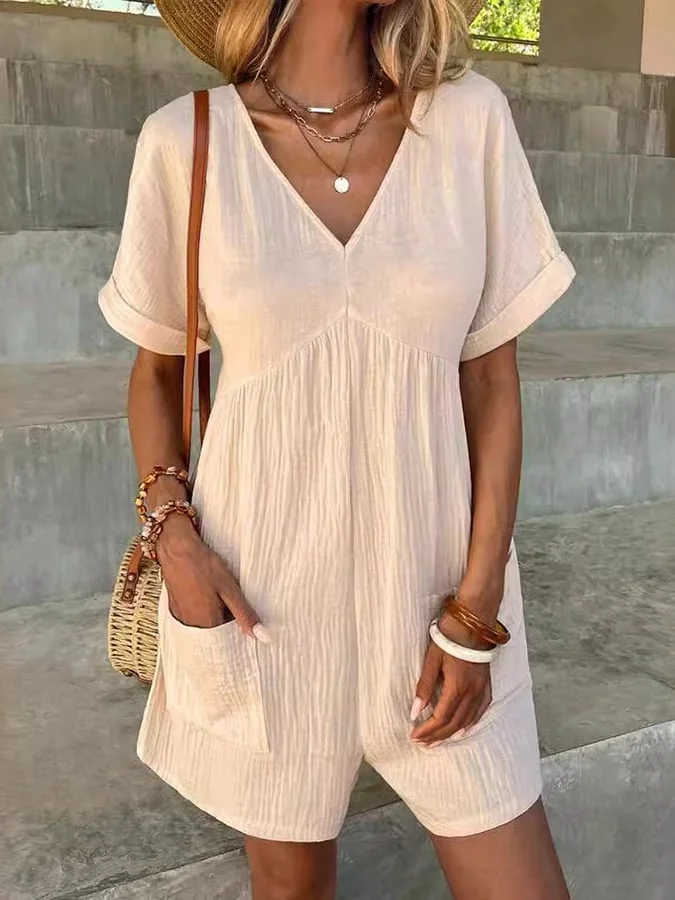 Women's Fashion Solid Color V Neck Loose Bat Sleeve Pocket Zipper Short Sleeve Jumpsuit