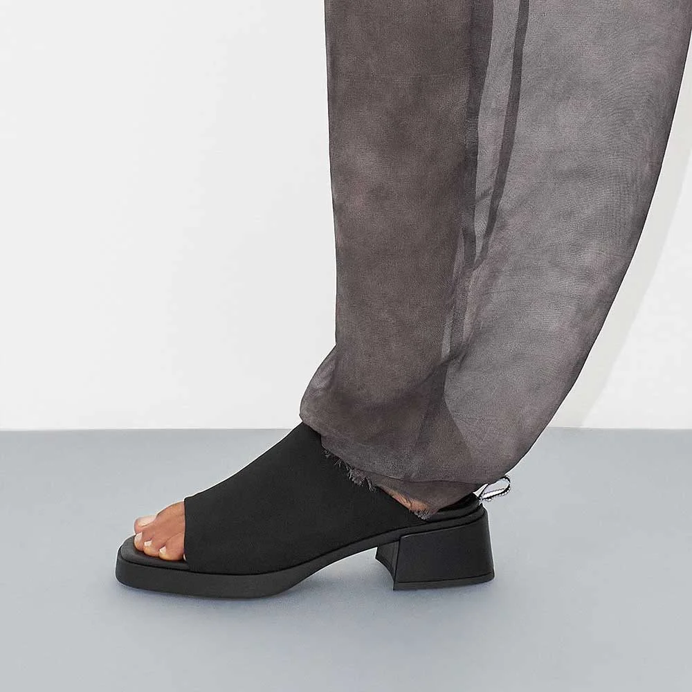 Black Lycra Open Toe Chunky Heel Platform Slip On Mule Shoes for Women