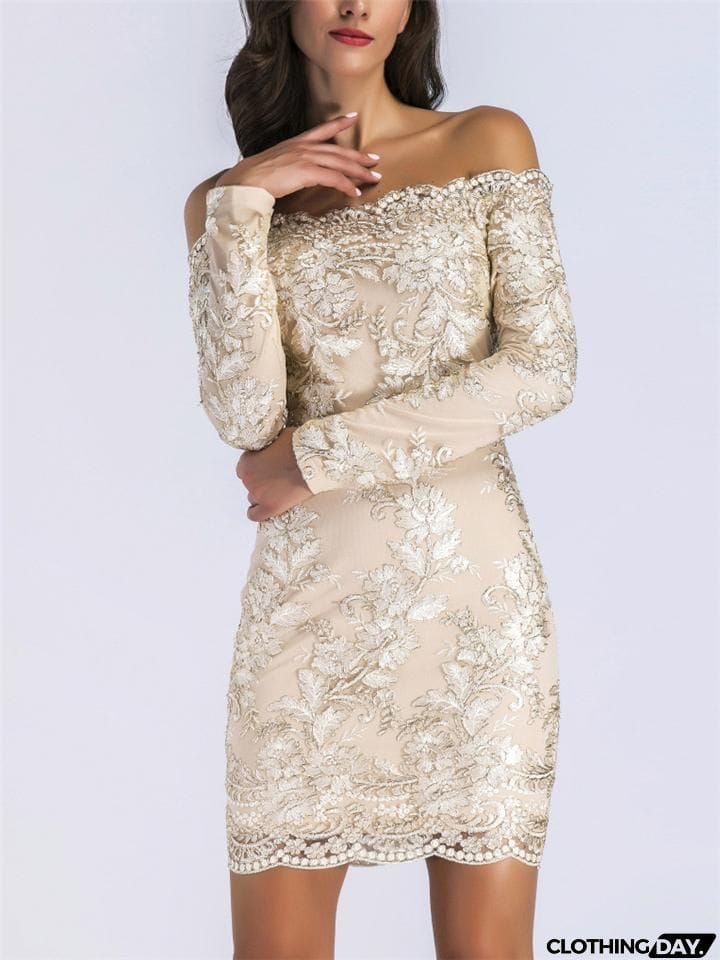 Gorgeous Off Shoulder Long Sleeve Floral Applique Thigh-Length Bodycon Party Dress