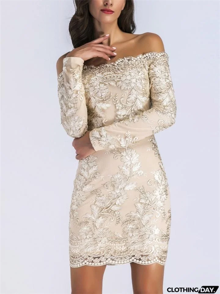 Gorgeous Off Shoulder Long Sleeve Floral Applique Thigh-Length Bodycon Party Dress