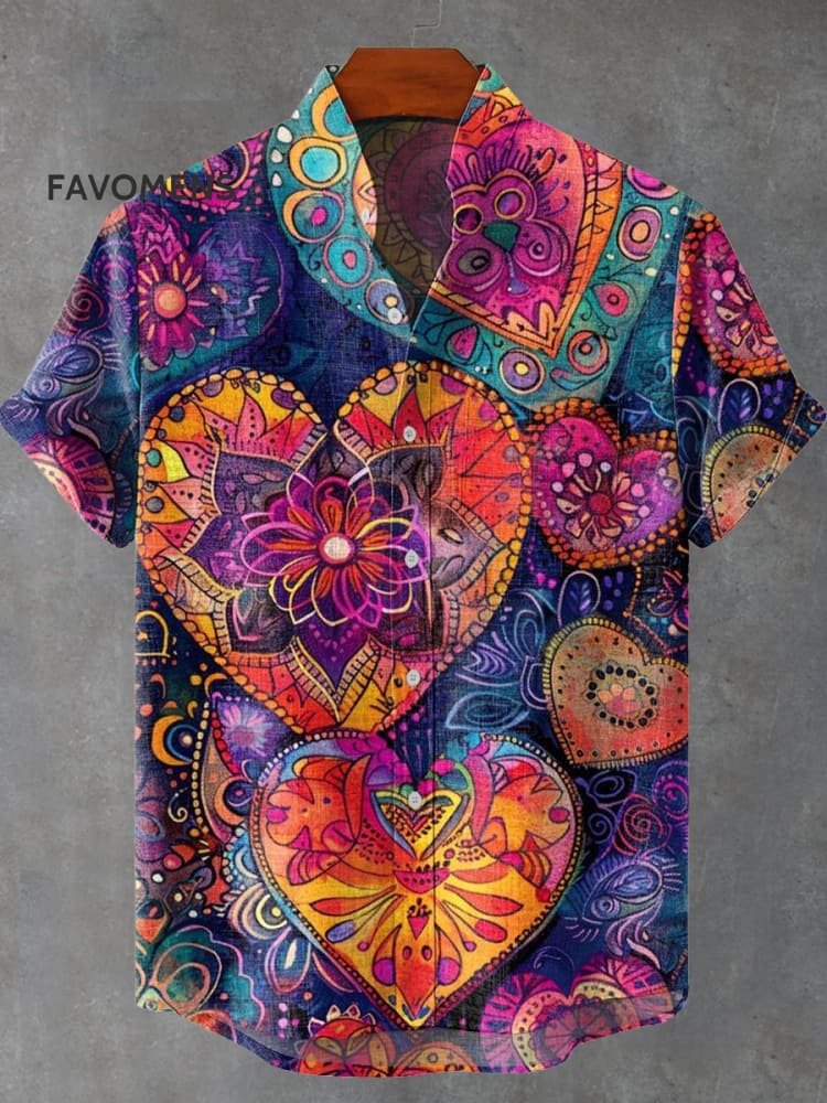 Colorful Heart Vintage Print Casual 100% Cotton Shirt Multicolor / S