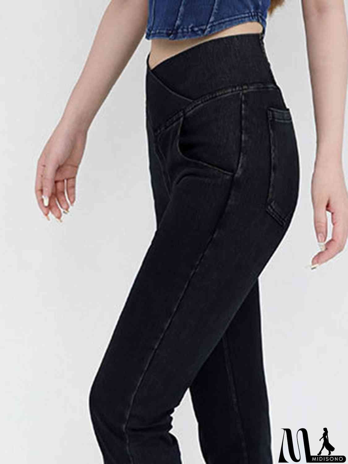 MidiSono - Wide Waistband Bootcut Jeans with Pockets