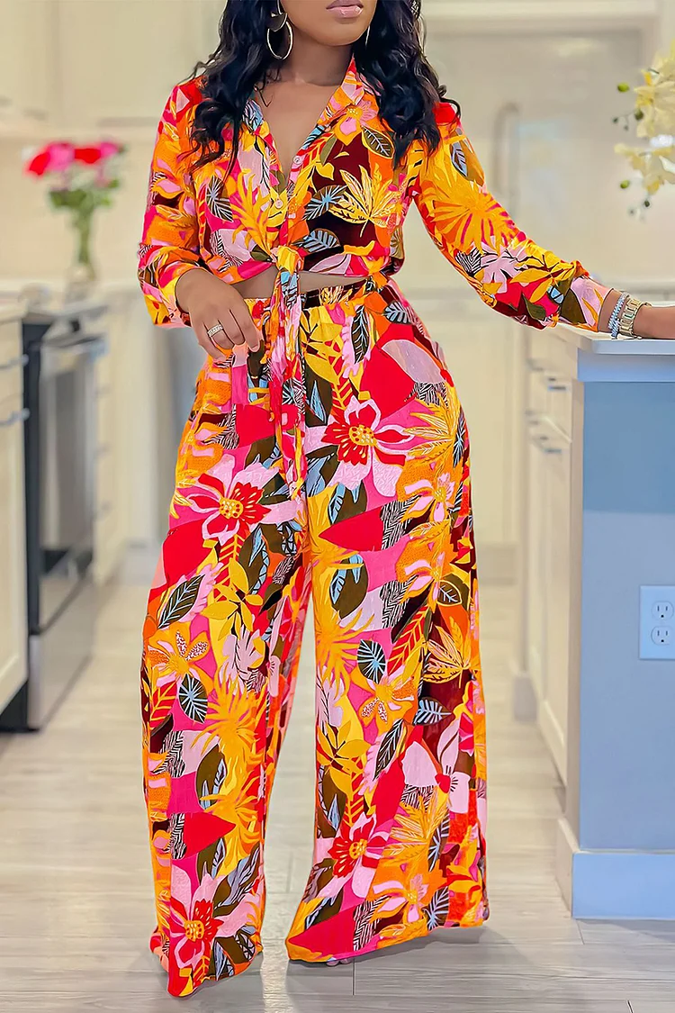 Floral Print Tied Up Blouse Wide Leg Pants Vacation Matching Set-Green