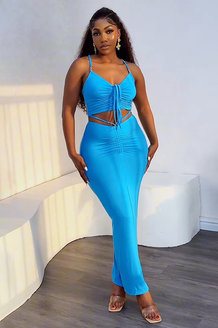 Ruched Crop Cami Bodcyon Maxi Skirt Matching Set-Blue