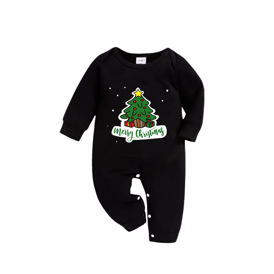 Christmas Tree and Gift Designs - Black Top with Red & Green Plaid Pants Family Matching Pajama