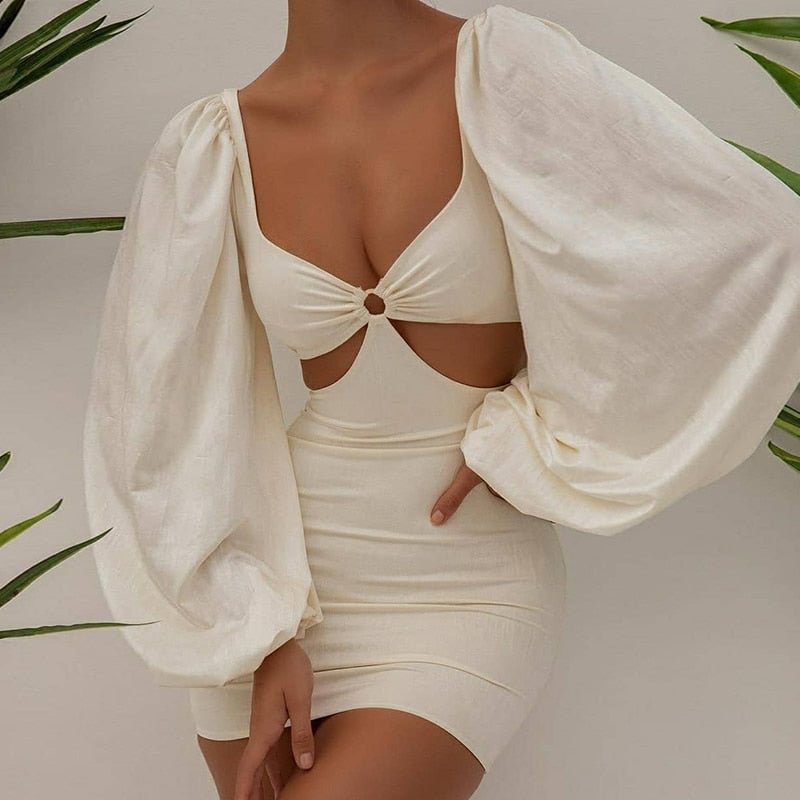WannaThis Clubwear Cut Out Casual Lantern Long Sleeve Women Mini Dress Circle Elegant Summer Sexy Bodycon Mini Vestidos 2021New