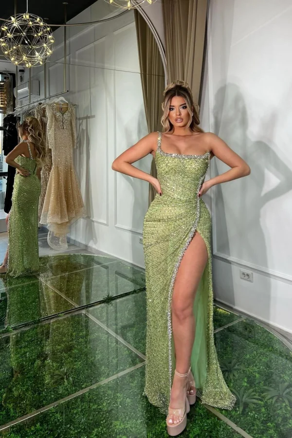 green emerald velvet dress Faviana Stretch-Satin Long Beaded Prom Dress -PromGirl main image 0