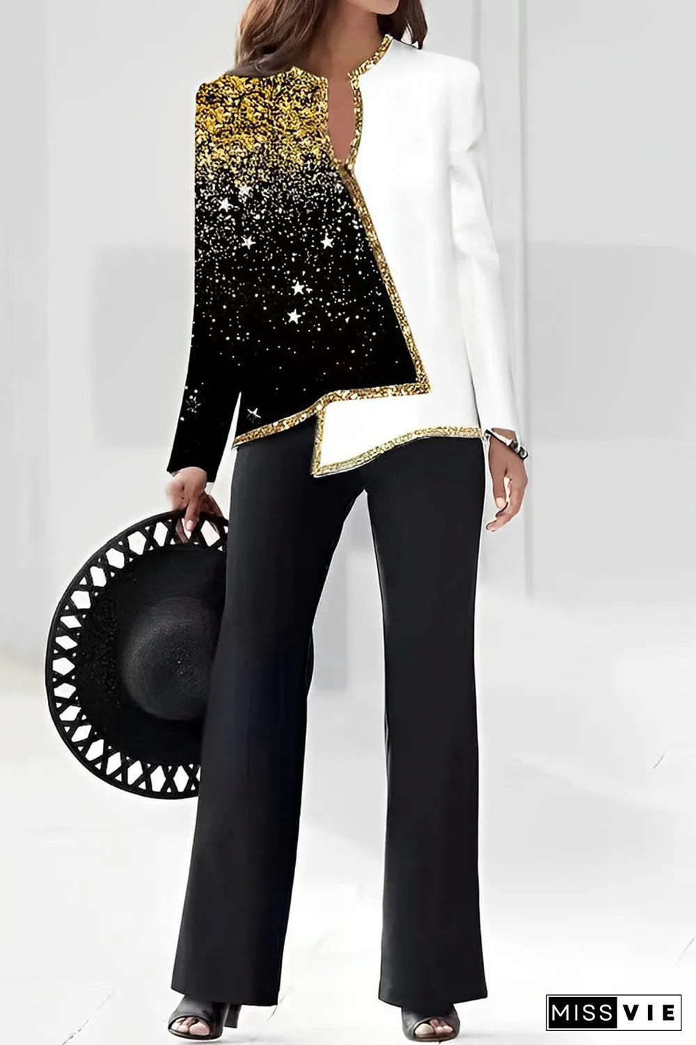 Casual Print Asymmetrical V Neck Long Sleeve Two Pieces