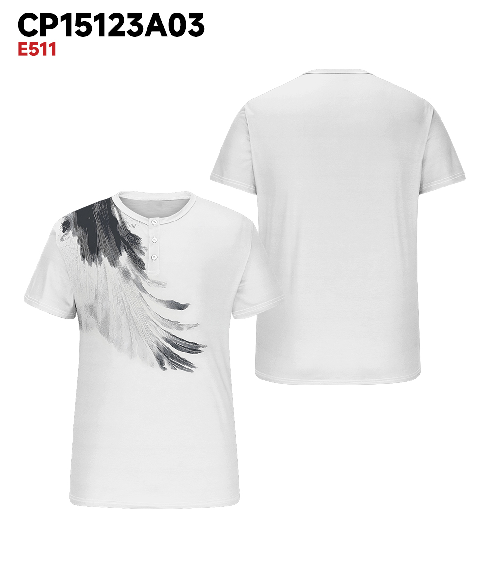 Men's Plus Size Daily Casual Abstract Feather Print Henry Collar Button Short Sleeve T-Shirt