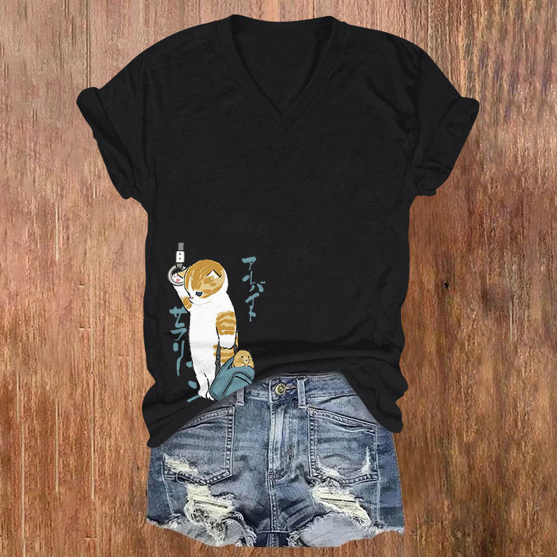 Japanese Cute Cat Print V-Neck T-Shirt elevenforest