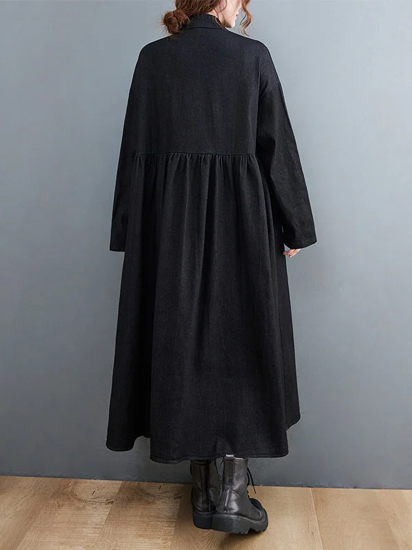 Original Loose Denim Split-Joint Tied Lapel Collar Long Sleeves Midi Dress