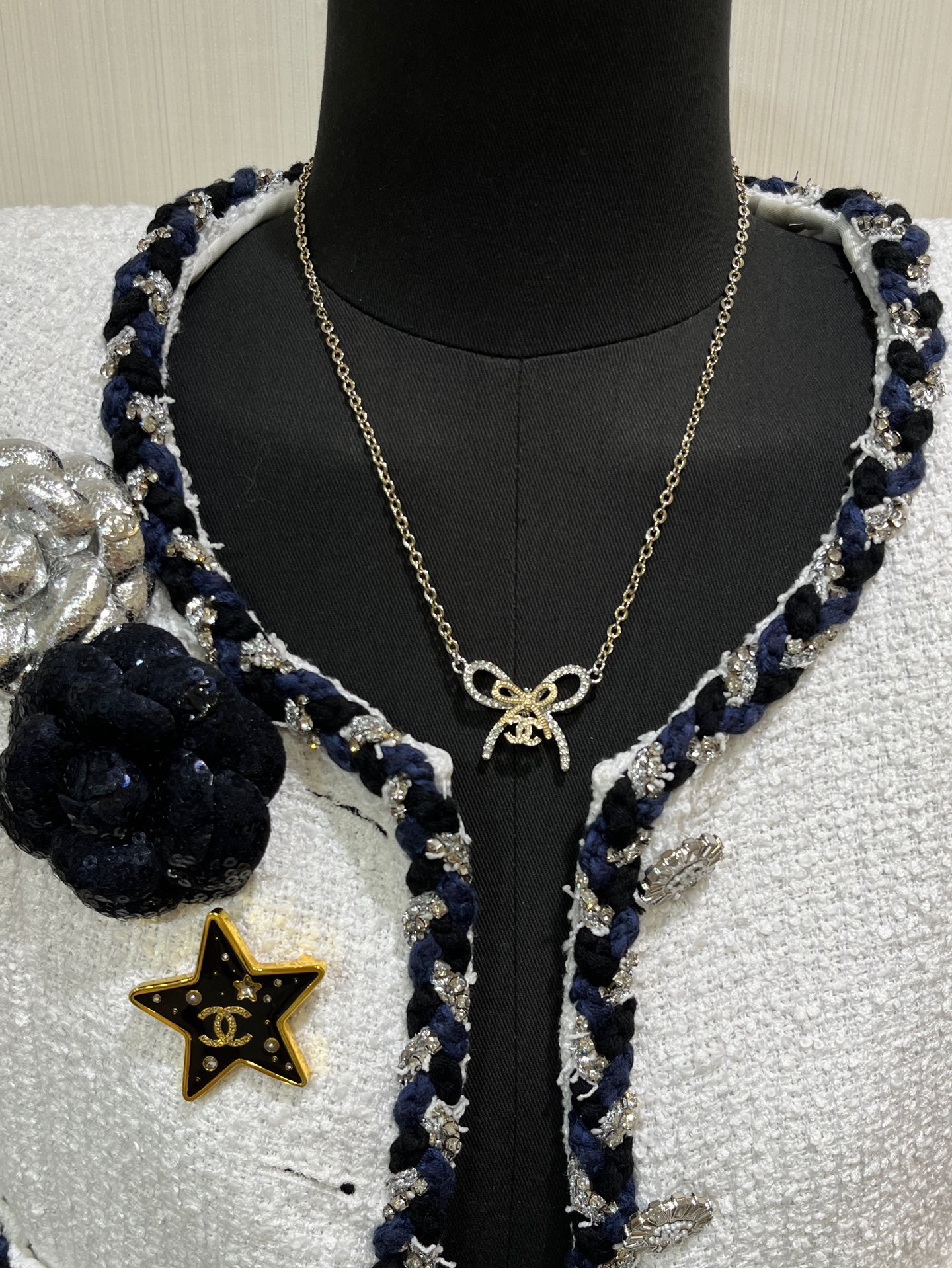 Chanel Color-blocked Full Rhinestones Bow Necklace