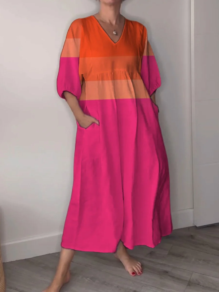 Simple Color Block Art Printed Women's Pocket V-Neck Cotton Dress