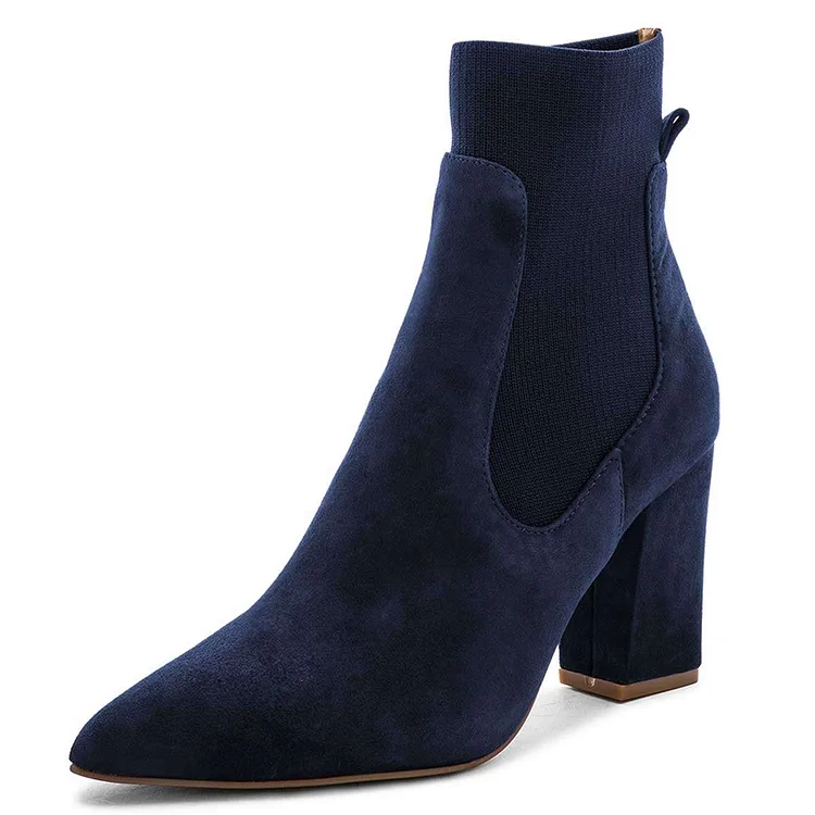 Vegan Suede Navy Blue Boots Chunky Heels Chelsea Boots |FSJ Shoes