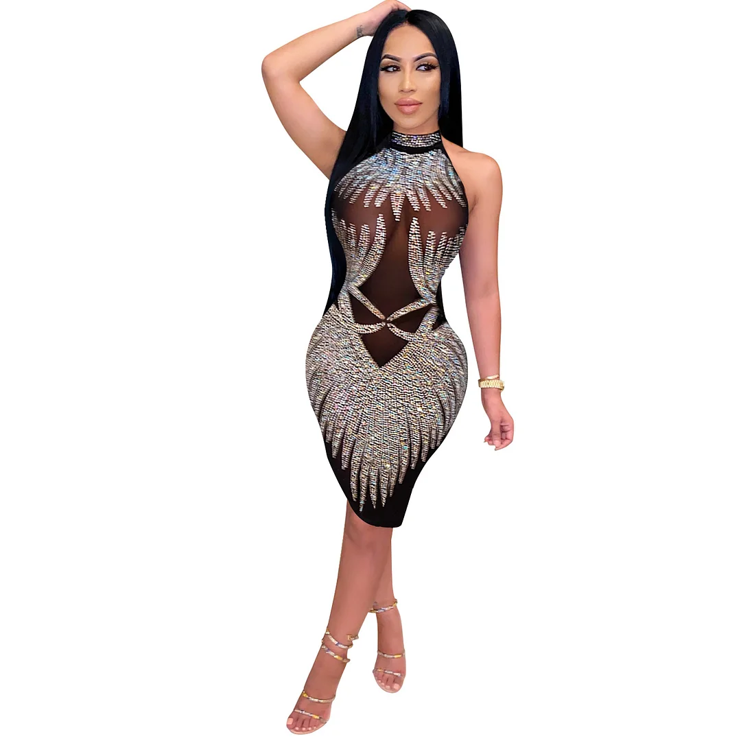 Churchf Churchf New Fashion Women's Hot Diamond Nightclub Wind Round Collar Open Back Sleeveless Skirt Dress