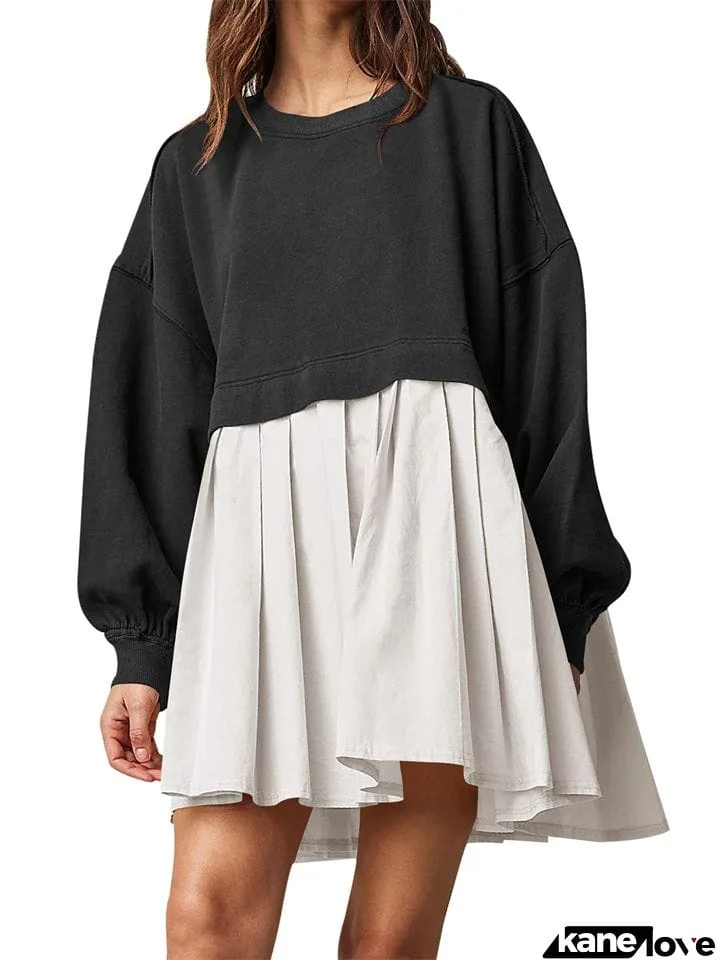 Female Casual Sweatshirt Patchwork Pleated Dress