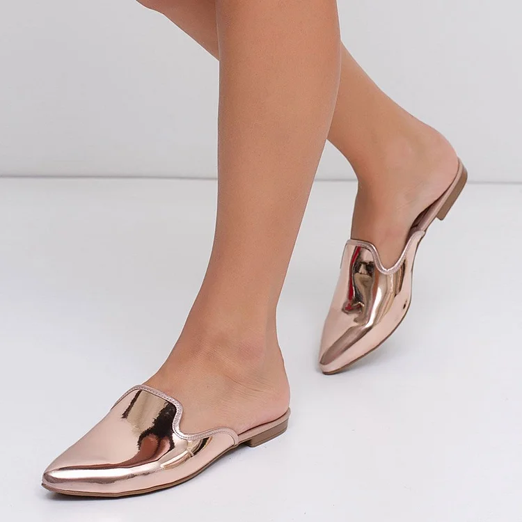 Rose Gold Patent Leather Pointed Toe Mule Loafers for Women |FSJ Shoes