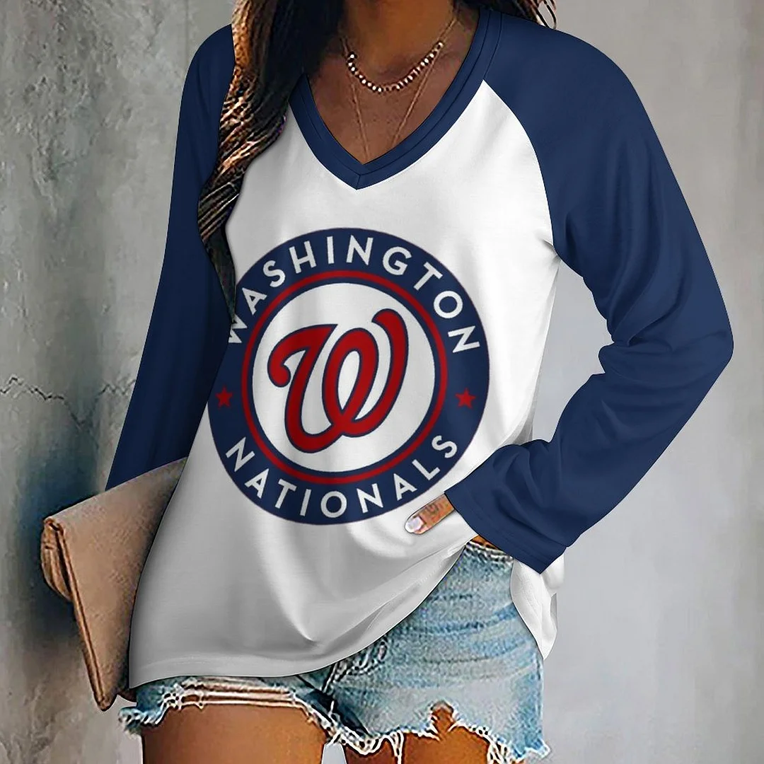 V-neck Long Sleeve Casual T-shirt for  Women and Men Printed with Pattern , Blue, Red