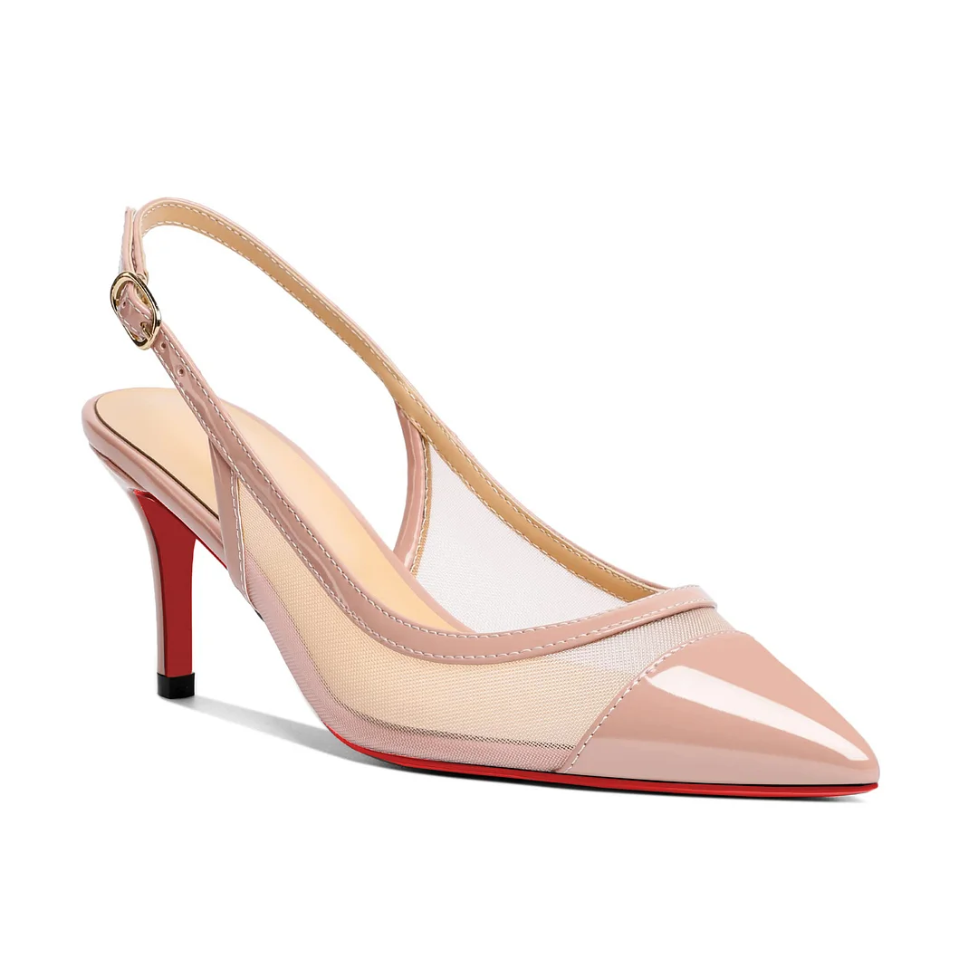 65mm Women's Pointed Toe Kitten Heel Ankle Buckle Pumps Mesh Red Bottom Patent Shoes-MERUMOTE