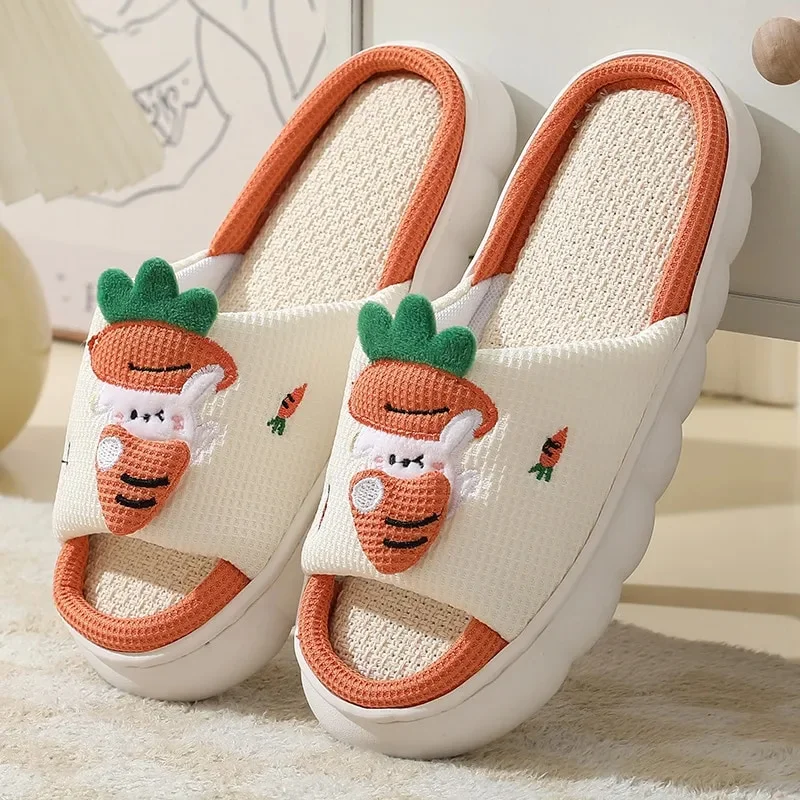 Zhungei Cute Frog Home Slippers for Women Thick Sole Non Slip House Shoes Woman Cotton Linen Couple Indoor Slippers Funny Slides