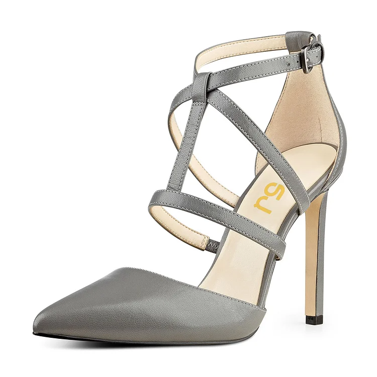 FSJ Grey Strappy Stiletto Shoes Pointy Toe Dressy Office Heels |FSJ Shoes