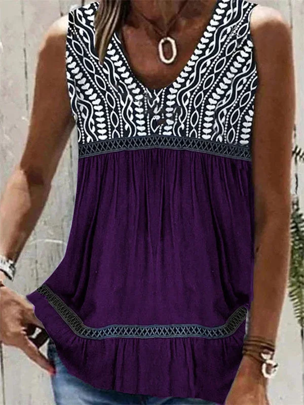 Women's Casual Printed Sleeveless O-neck Tops Blouse Vest