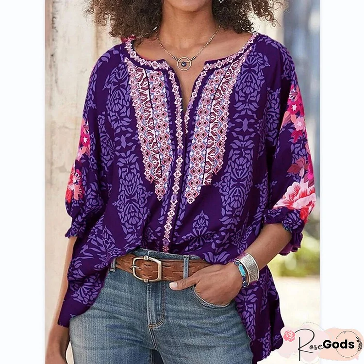 Floral Scoop Neckline Holiday Half Sleeve Shirts & Tops