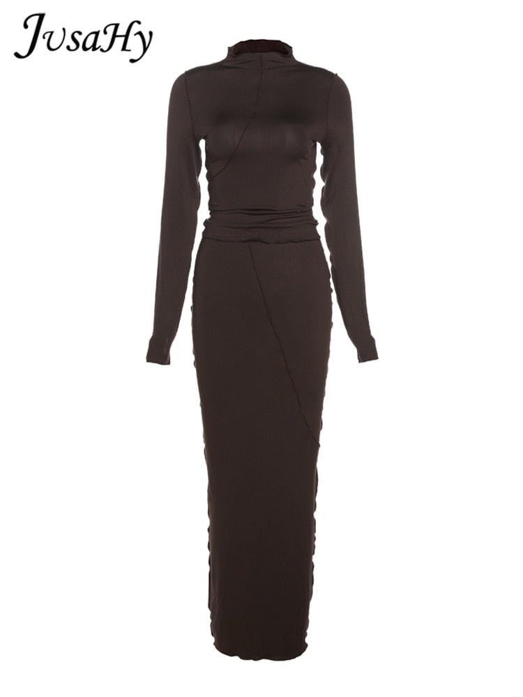 JuSaHy Solid Elegant Autumn Women's Two Pieces Sets Turtleneck Long Sleeves Crop Top+High Waist Maxi Skirts Matching Outfits