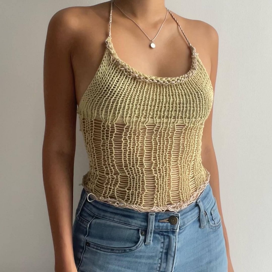 Knitted Halter Neck Y2K Crop Top Backless Women Green Casual Spaghetti Strap 2022 Summer Tank Tops Sexy Sleeveless Cami