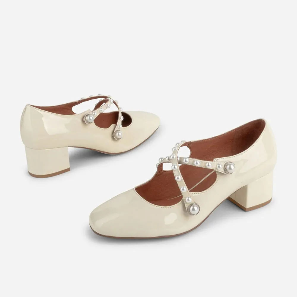 Women's Ivory Square Toe Pearl Cross Strap Block Heel Pumps