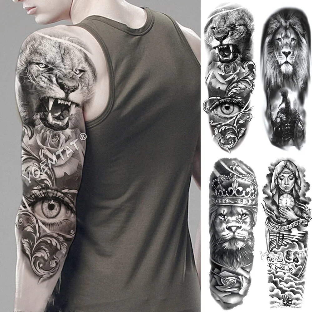 Large Arm Sleeve Tattoo Lion Crown Eyes King Rose Waterproof Temporary Tatoo Sticker Wild Wolf Tiger Men Full Skull Totem Tatto