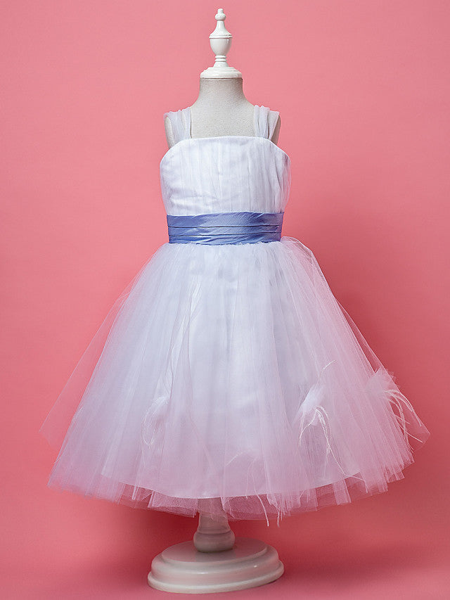 Princess / A-Line Knee Length Tulle Sleeveless Straps With Feathers / Fur / Sash / Ribbon / Ruched