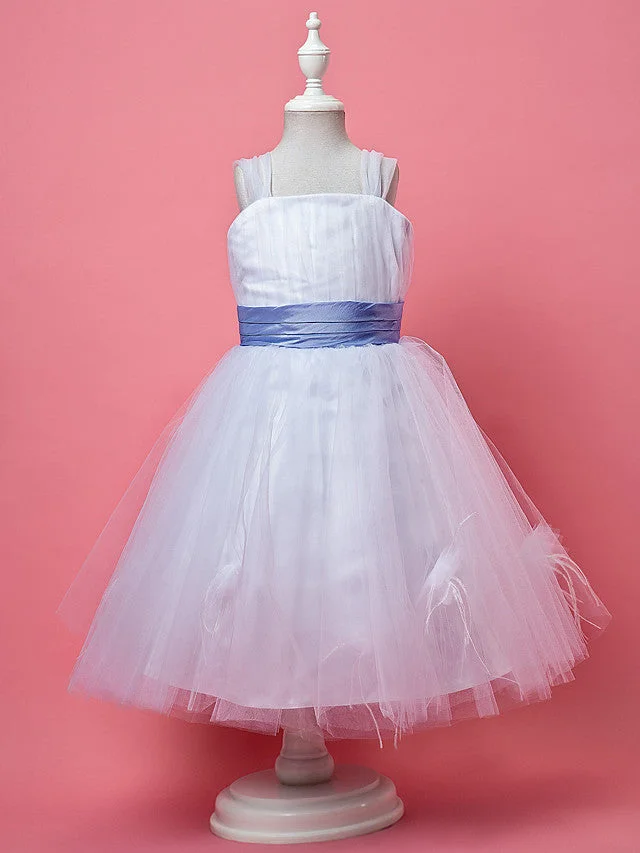 Princess / A-Line Knee Length Tulle Sleeveless Straps With Feathers / Fur / Sash / Ribbon / Ruched