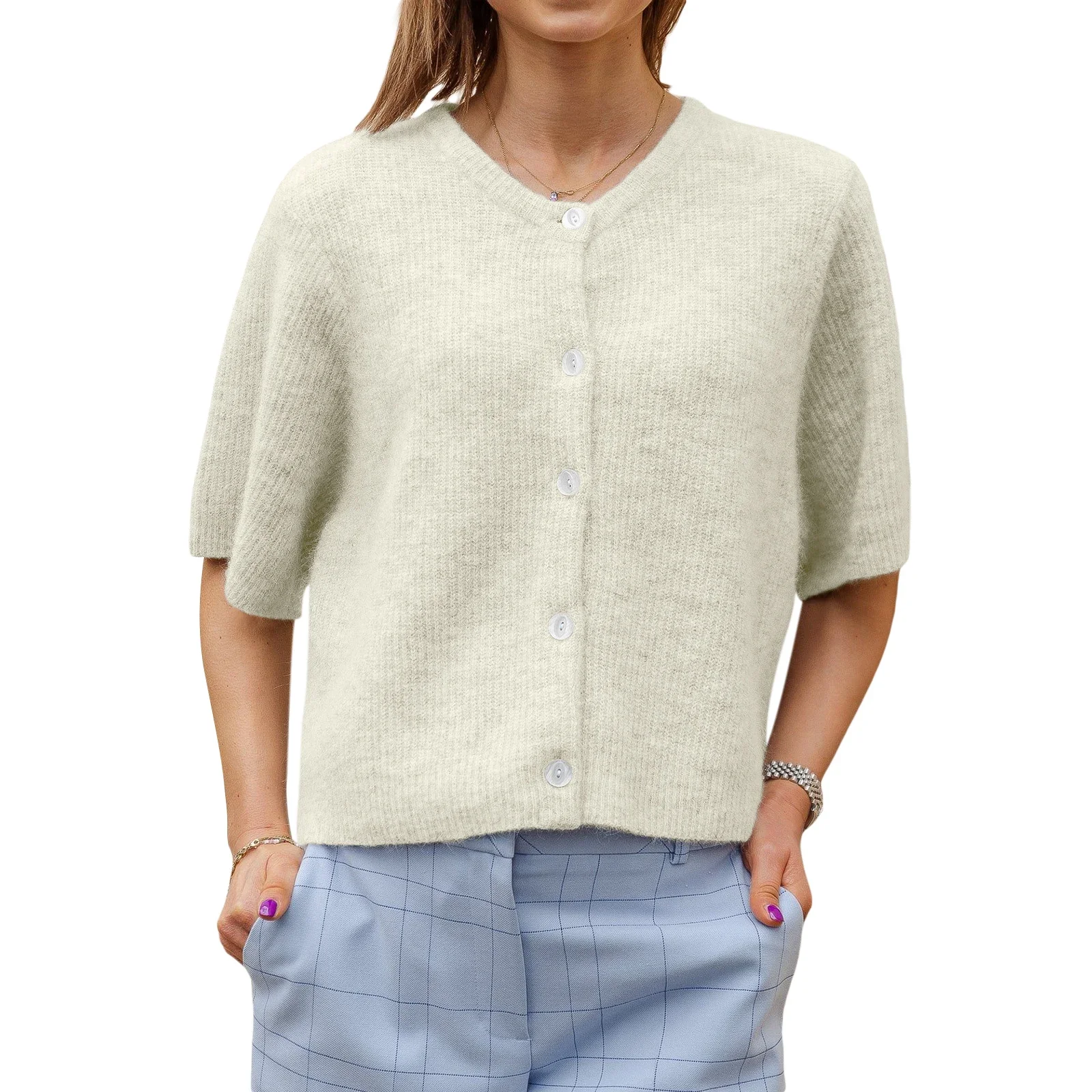Karastik costumes for adult women Women's Solid Color Cardigan Short Sleeve Round Neck Button Down Sweater Knit Tops
