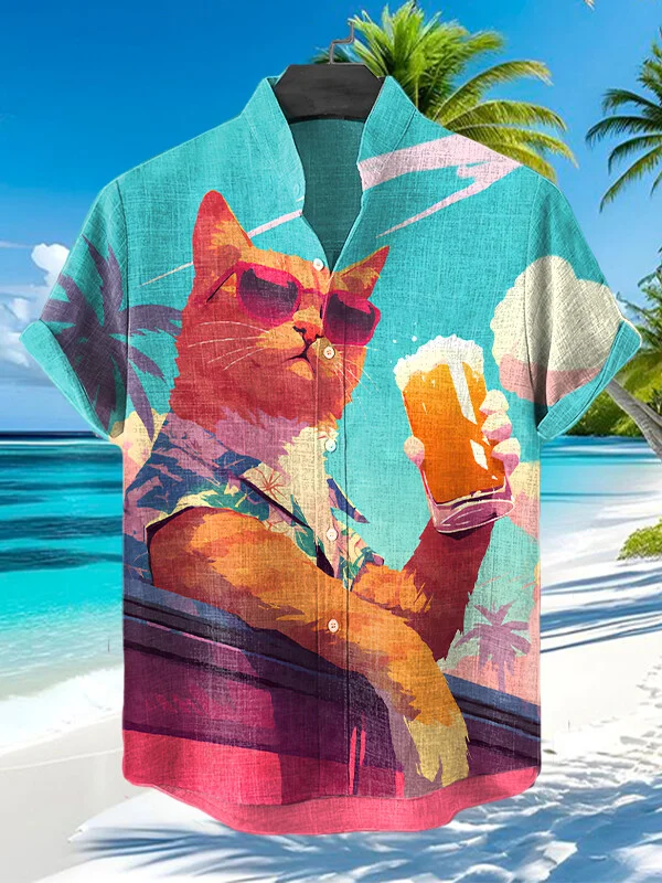Men's Handsome Cat Drinking Beer Vacation Art Print Casual Shirt