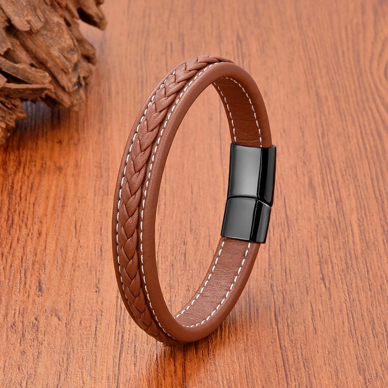 Minimalist Classic Style Commute Solid Color 316L Stainless Steel Leather Rope Unisex Bracelets