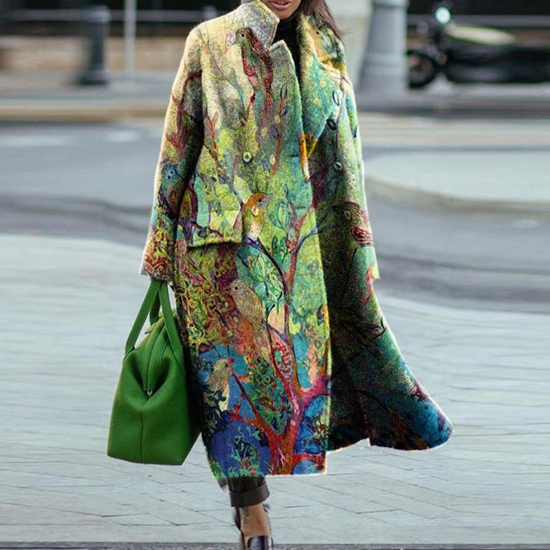 Casual Contrast Print Long Sleeve Coat