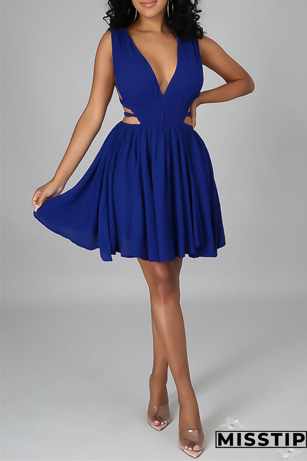 Blue Sexy Casual Solid Hollowed Out Backless V Neck Sleeveless Dress