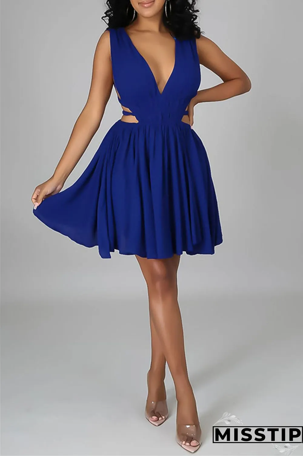 Blue Sexy Casual Solid Hollowed Out Backless V Neck Sleeveless Dress