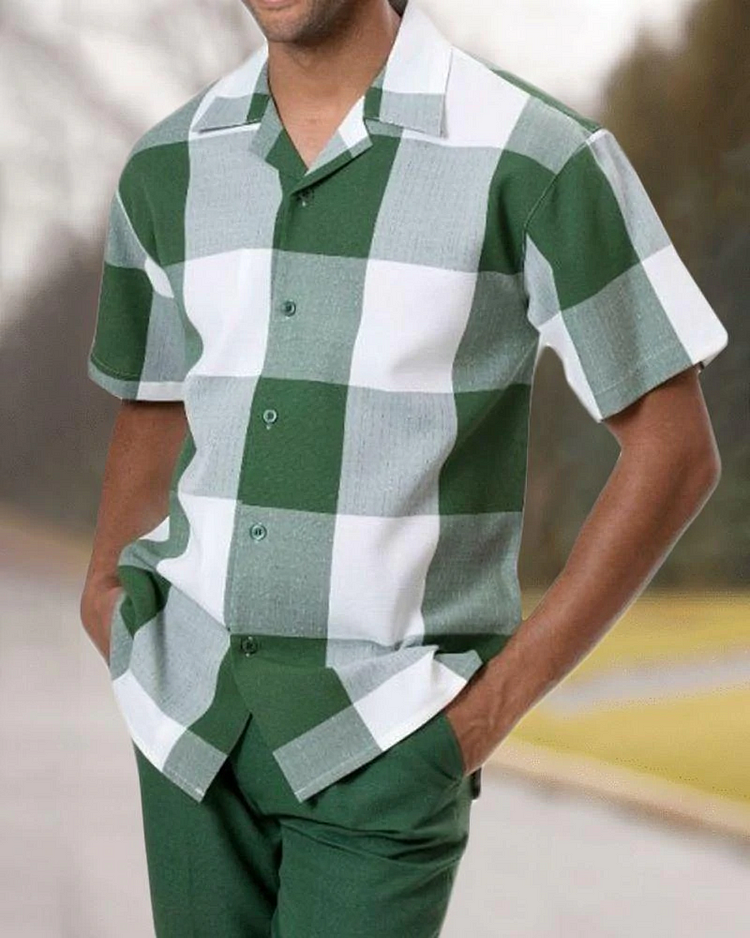 Short Sleeve Print Walking Two Piece Suit Set With Long Pants