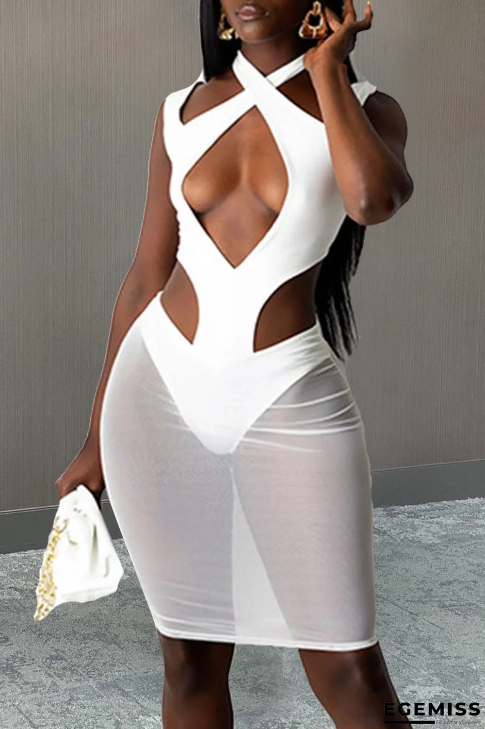 White Sexy Solid Hollowed Out Patchwork Sheath Dresses | EGEMISS
