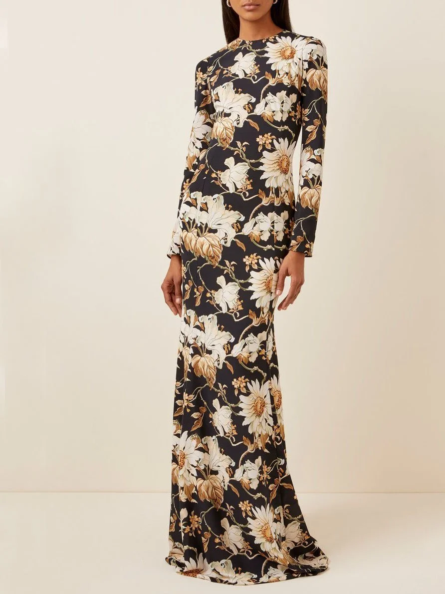 Slim Black Silky Flower Printed Straight Full Length Dress