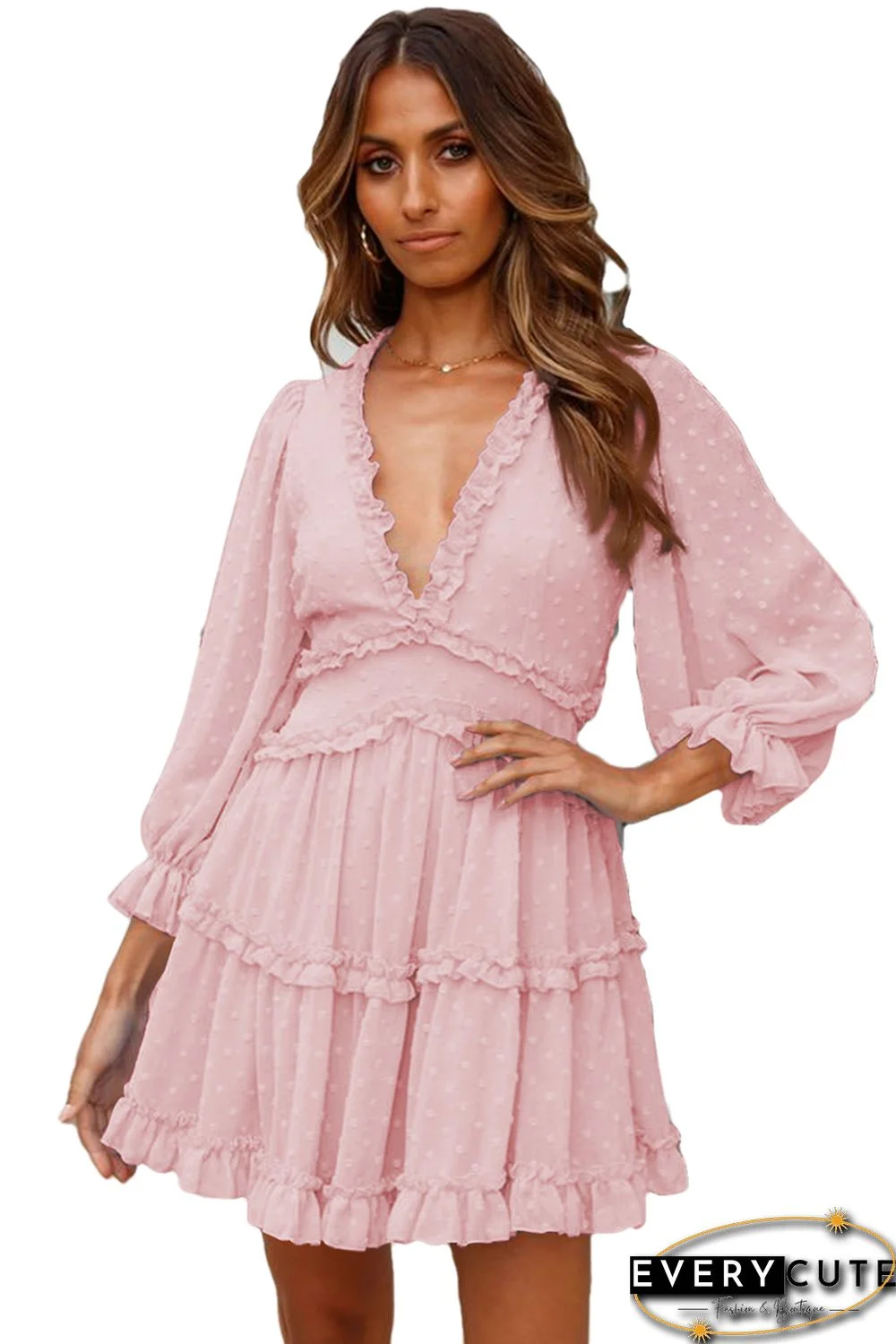 Pink Layered Ruffled Open Back Puff Sleeve Swiss Dot Mini Dress