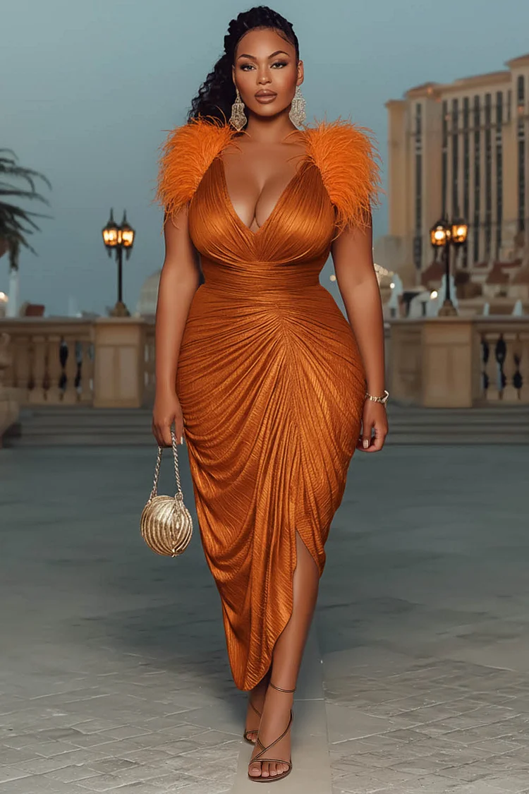 V Neck Feather Ruched Halloween Party Satin Maxi Dresses-Orange [Pre Order]