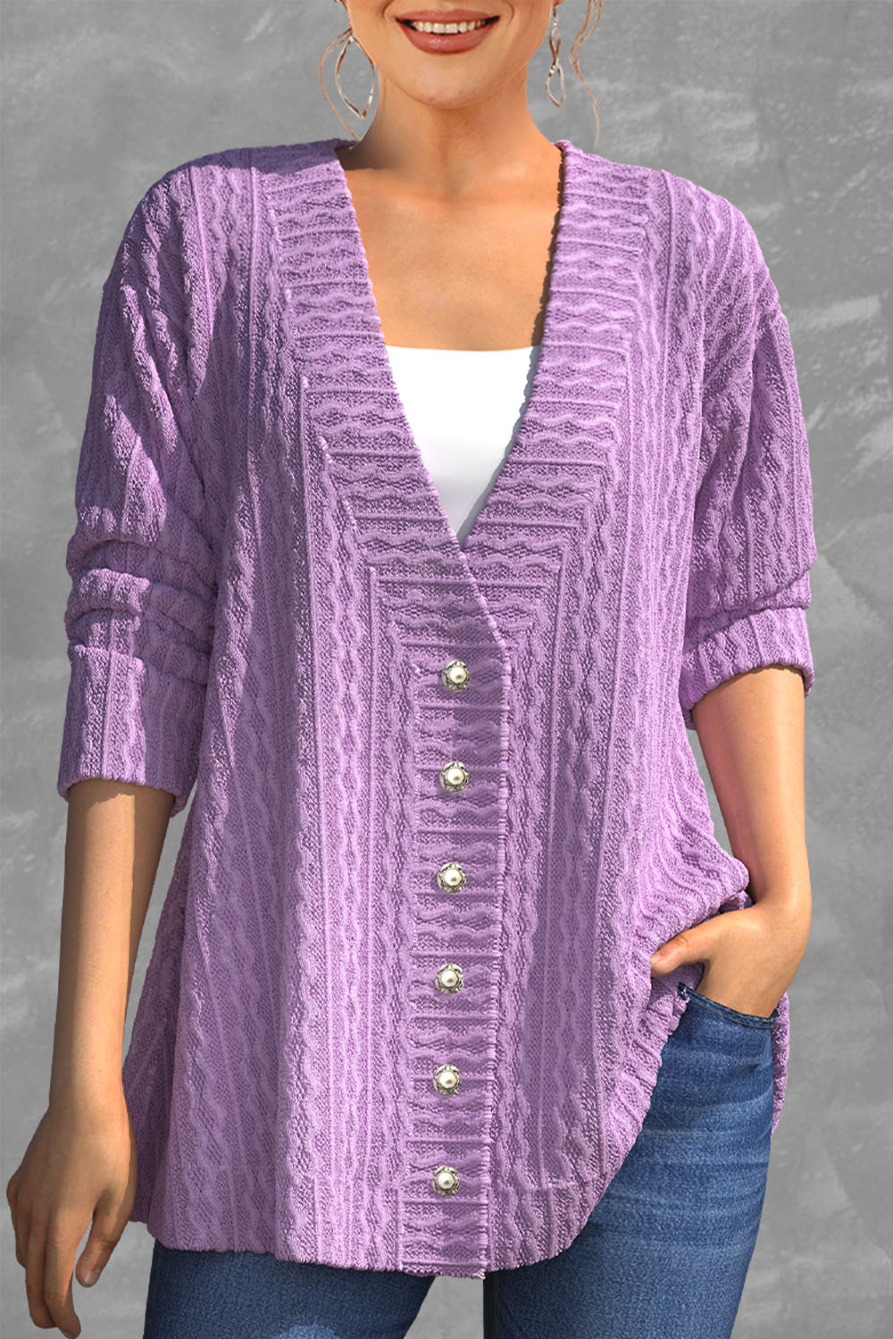 Flycurvy Plus Size Casual Purple Knitted Cardigan Single Breasted Sweater 2024 - Flycurvy 