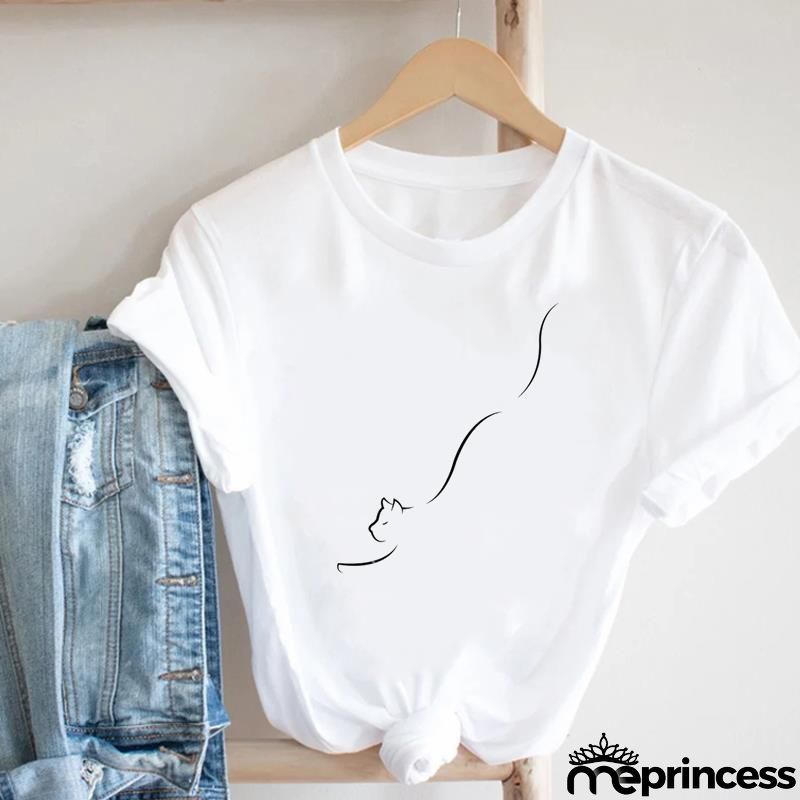 Women Loose Simple Cartoon Cat Footprint Print Round Neck Short Sleeve T-Shirt